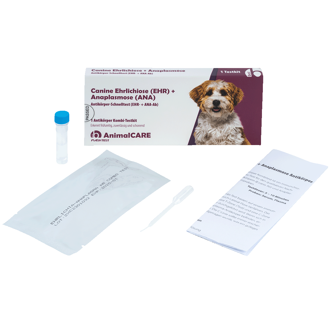best AnimalCARE Schnelltest 1er Box Canine Ehrlichiose (EHR) und Anaplasmose (ANA) von vorne mit Einzelkomponenten