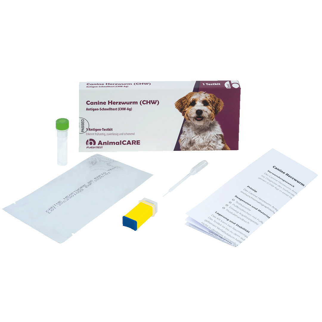 best AnimalCARE Schnelltest 1er Box Canine Herzwurm (CHW) von vorne mit Einzelkomponenten