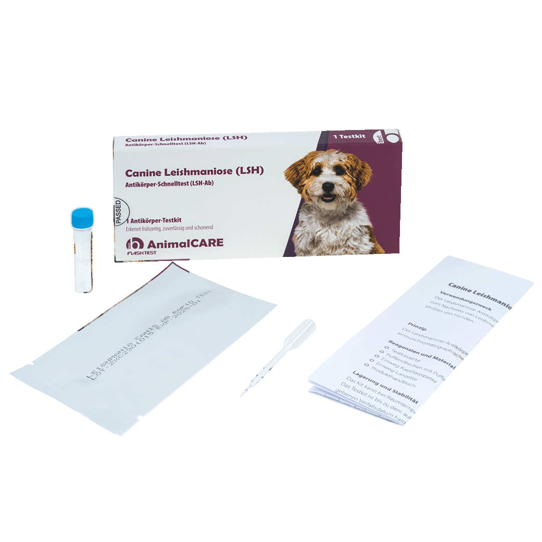 best AnimalCARE Schnelltest 1er Box Canine Leishmaniose (LSH) von vorne mit Einzelkomponenten