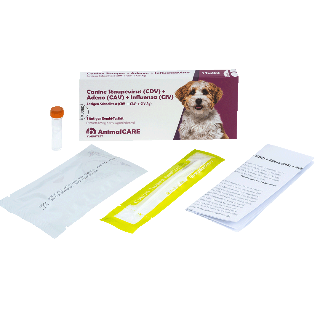 best AnimalCARE Schnelltest 1er Box Canine Staupevirus (CDV), Adeno (CAV) und Influenza (CIV) von vorne mit Einzelkomponenten