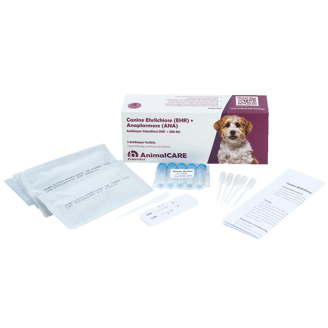 best AnimalCARE Schnelltest CanineEhrlichiose (EHR), Anaplasmose (ANA) 5er Box von vorne mit ausgepackten Einzelkomponenten