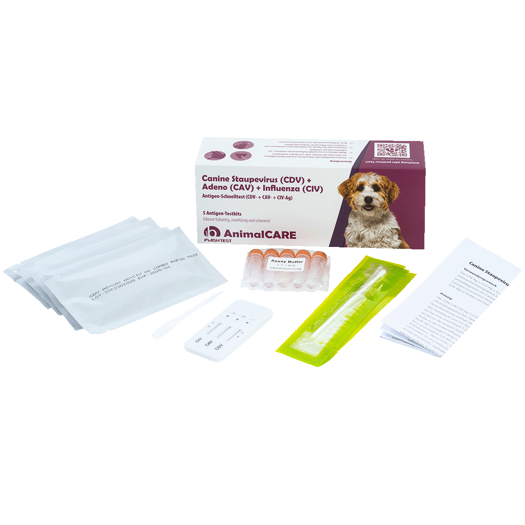 best AnimalCARE Schnelltest 5er Box Canine Staupevirus (CDV), Adeno (CAV) und Influenza (CIV) von vorne mit ausgepackten Einzelkomponenten