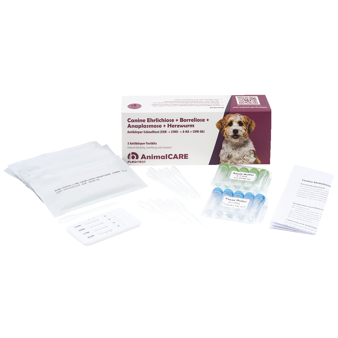 best AnimalCARE Schnelltest 5er Box Canine Ehrlichiose (EHR), Borreliose (LYME), Anaplasmose ( ANA) und Herzwurm (CHW-Ab) von vorne mit ausgepackten Einzelkomponenten