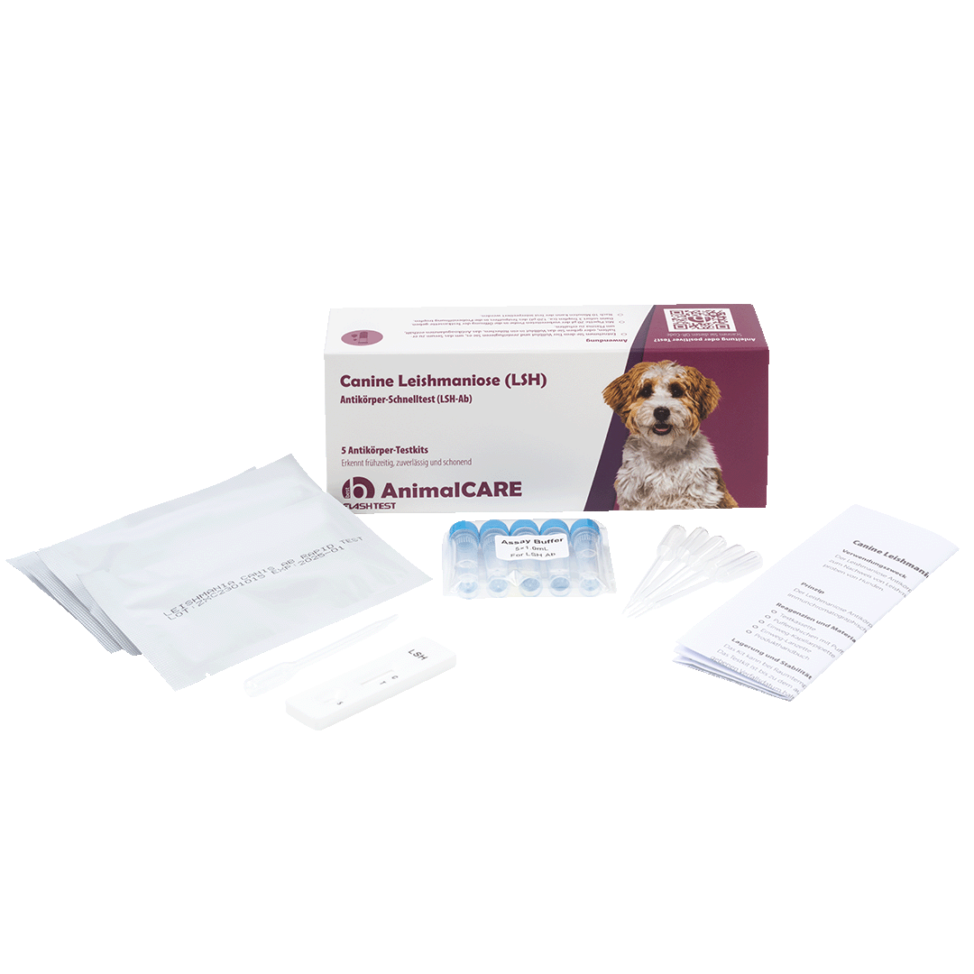 best AnimalCARE Schnelltest 5er Box Canine Leishmaniose (LSH) von vorne mit ausgepackten Einzelkomponenten