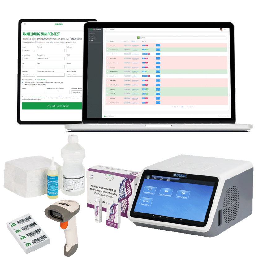 Das komplette best PCR Solution Bundle mit dem EGENS PCR-Testgerät, dem Kewei Testkit, einem Barcodescanner, den Barcodeaufklebern und dem Reinigungsset