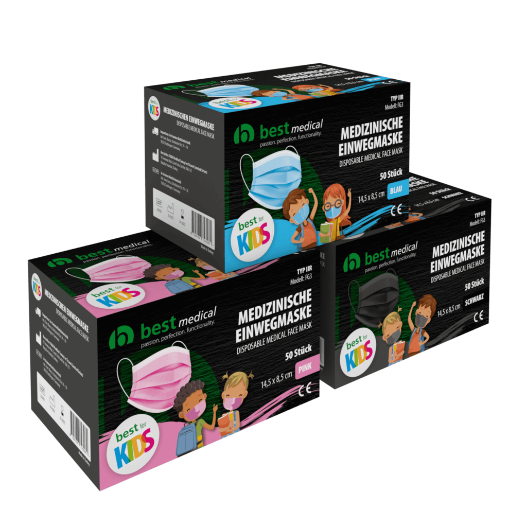 Drei Schachteln der Medizinischen Einwegmasken für Kinder von best medcial in pink, blau und schwarz