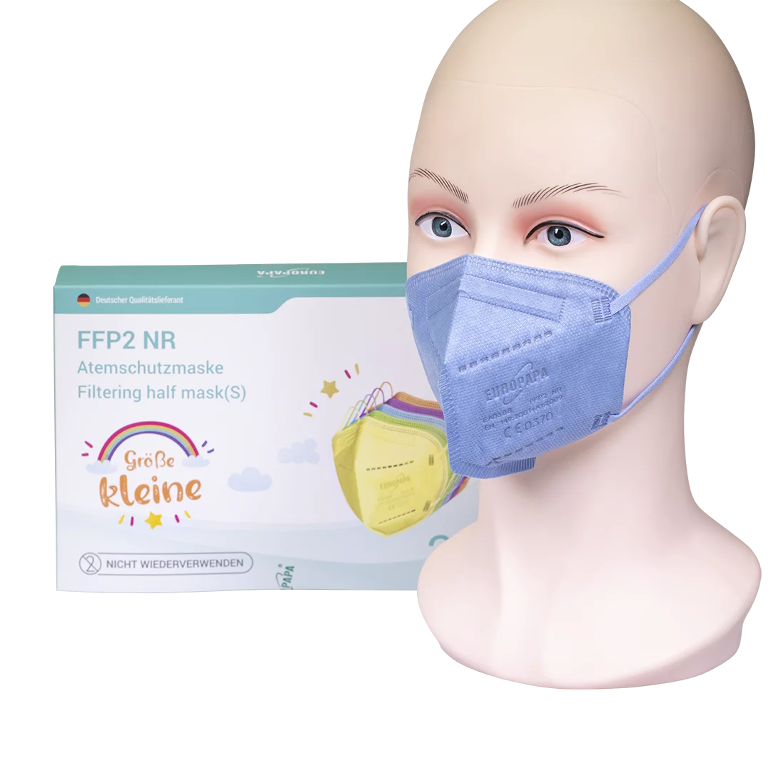 Europapa Kindermasken FFP2 Schachtel mit Plastikkopf der einen Maske trägt
