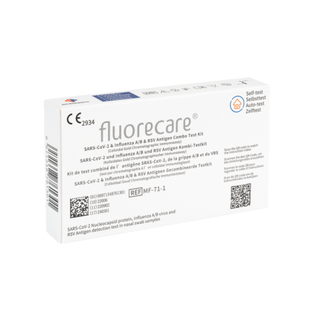 Die Schachtel des fluorecare 3in1 Test für Covid-19, IInfluenza A/B und RS-Virus